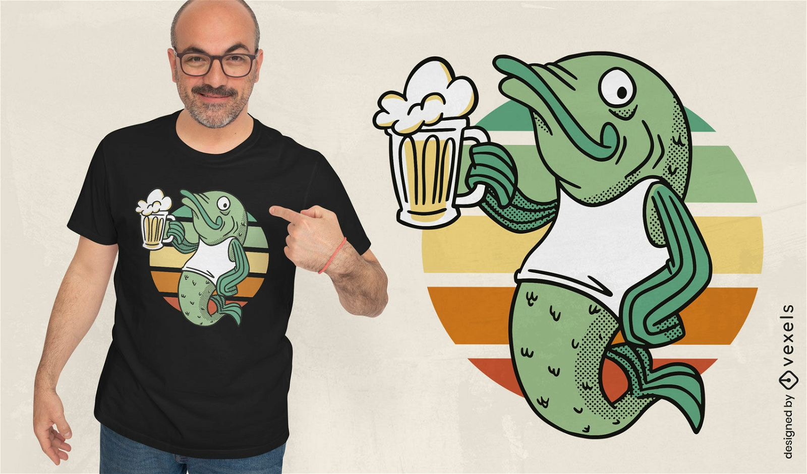 Design de camiseta de desenho animado de cerveja de peixe