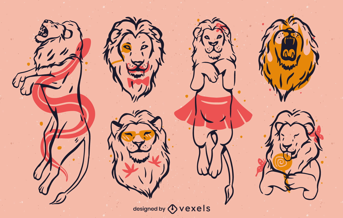 Conjunto de trazos de color de animales salvajes de leones