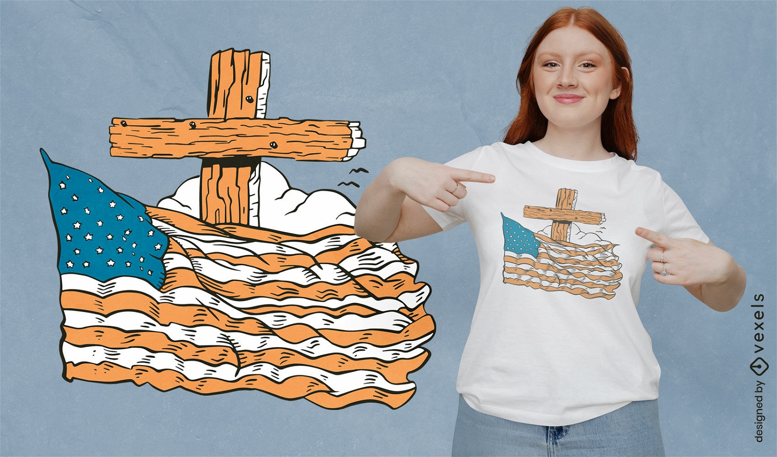 T-Shirt-Design mit amerikanischer Flagge und Kreuz