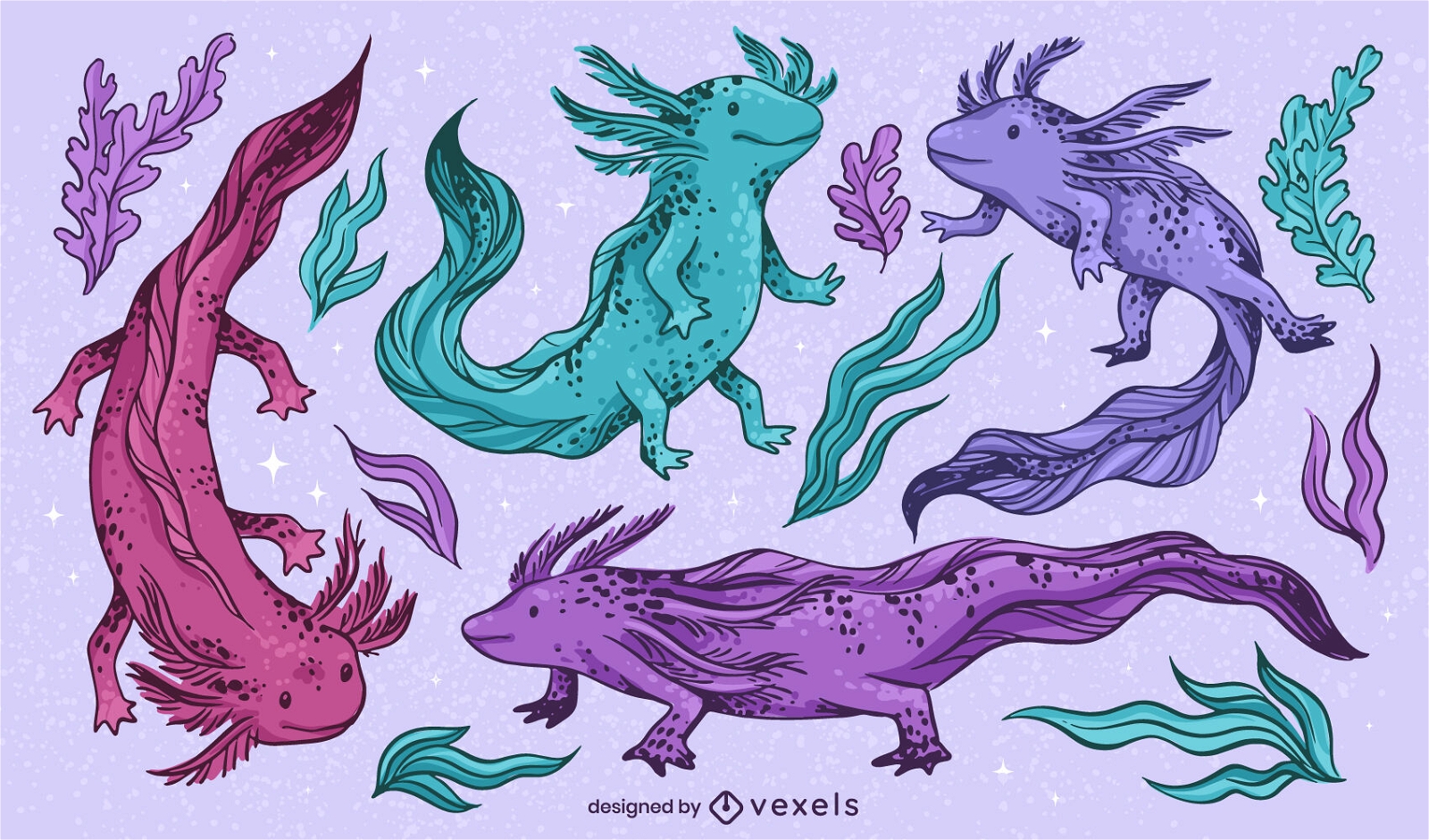 Conjunto de animais marinhos axolotes coloridos