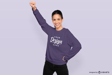 Woman in power pose in sweatshirt mockup