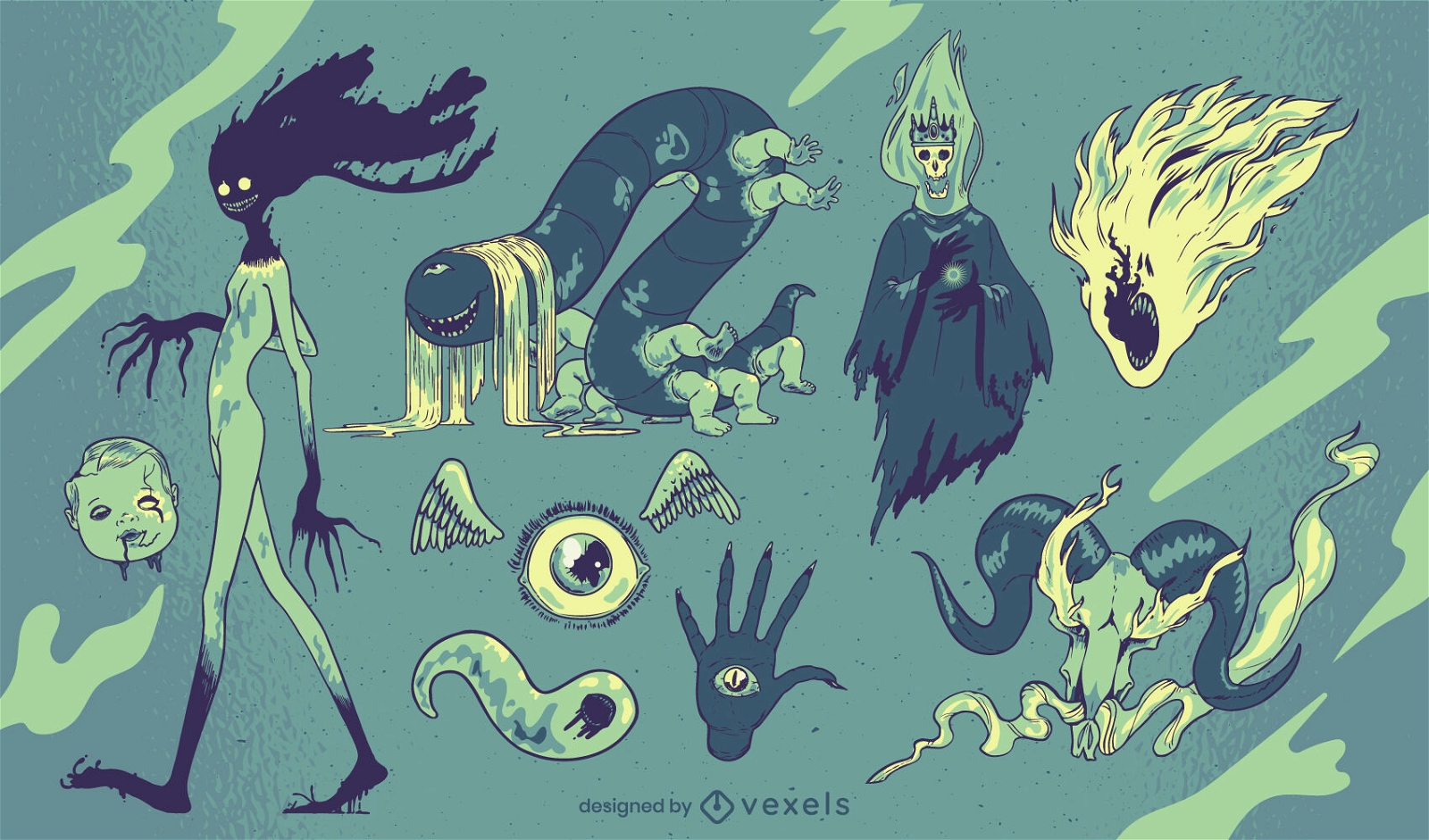 Halloween creepy monsters characters set