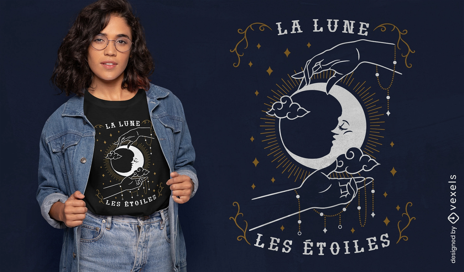 La luna las estrellas Dise?o de camiseta esot?rica francesa.