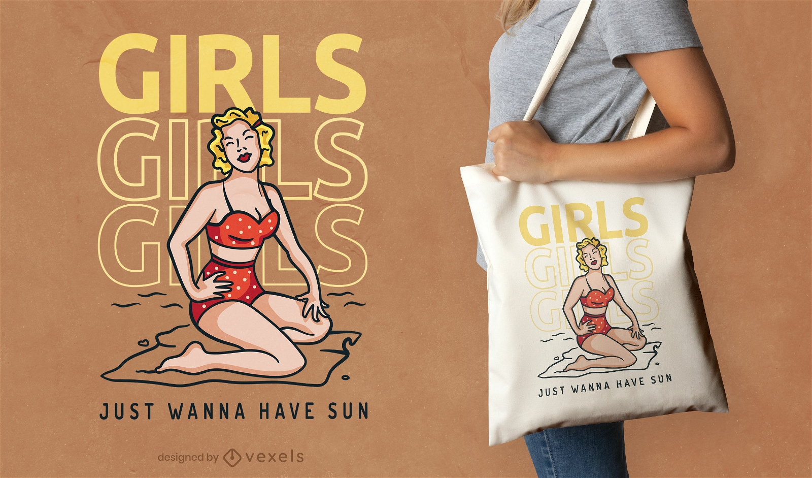 Pin-up-Girl in einem Strand-Einkaufstaschen-Design