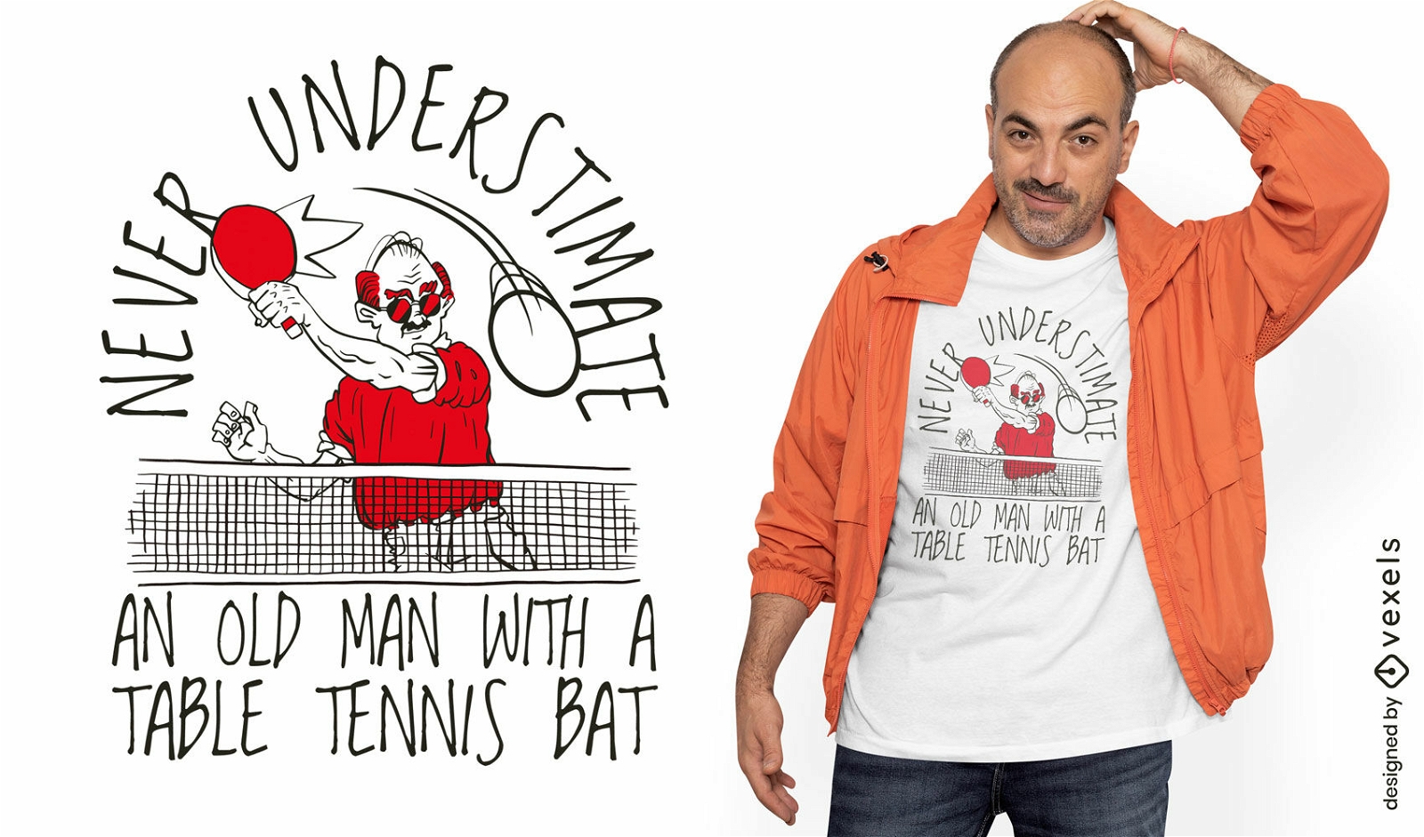 Alter Mann, der Ping-Pong-T-Shirt-Design spielt