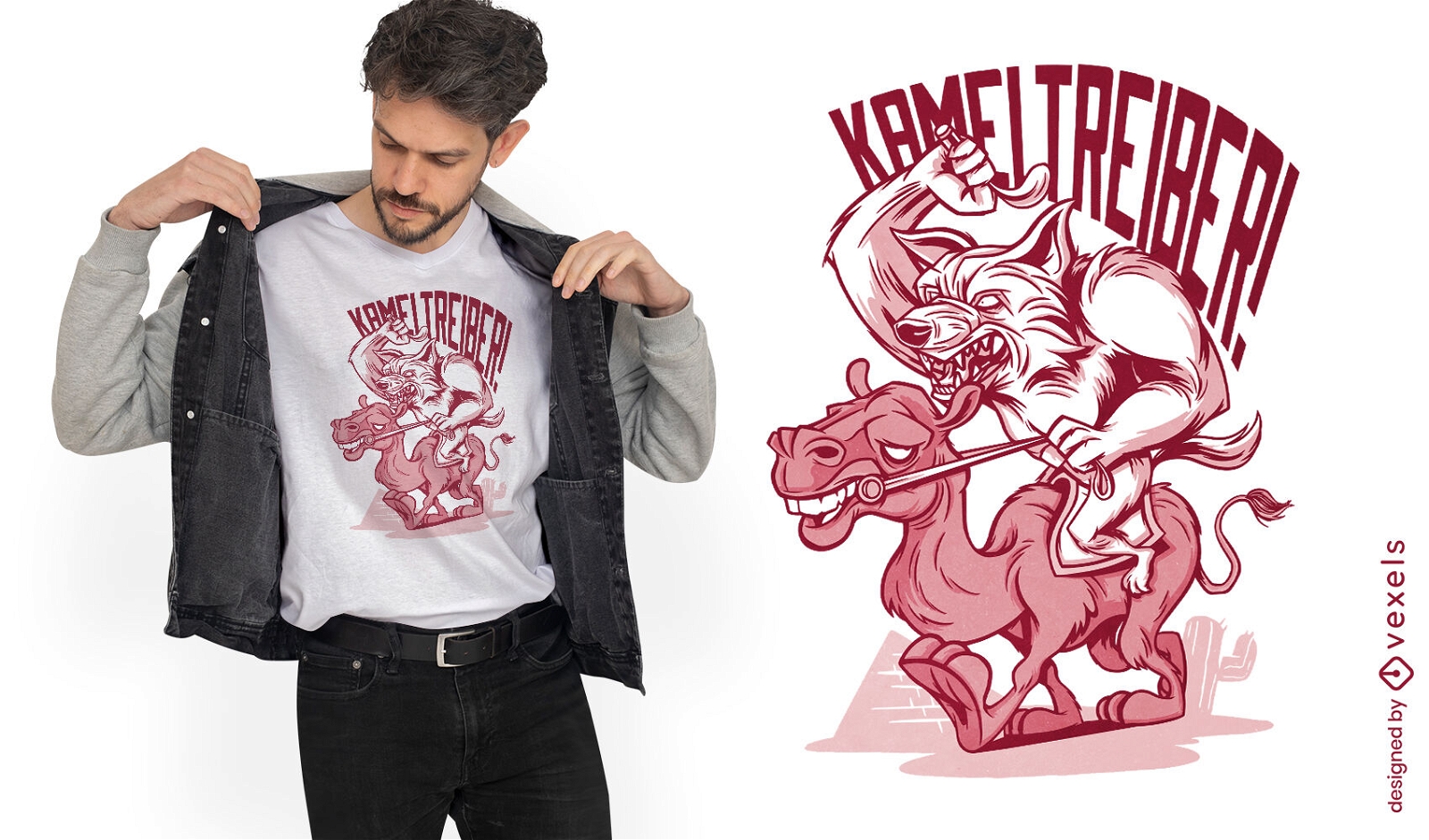 Design de camiseta de desenho animado de lobo e camelo