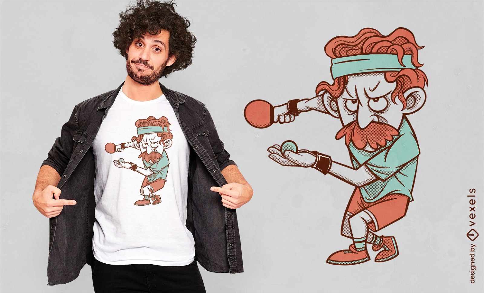 Design de t-shirt de desenho animado de jogador de pingue-pongue