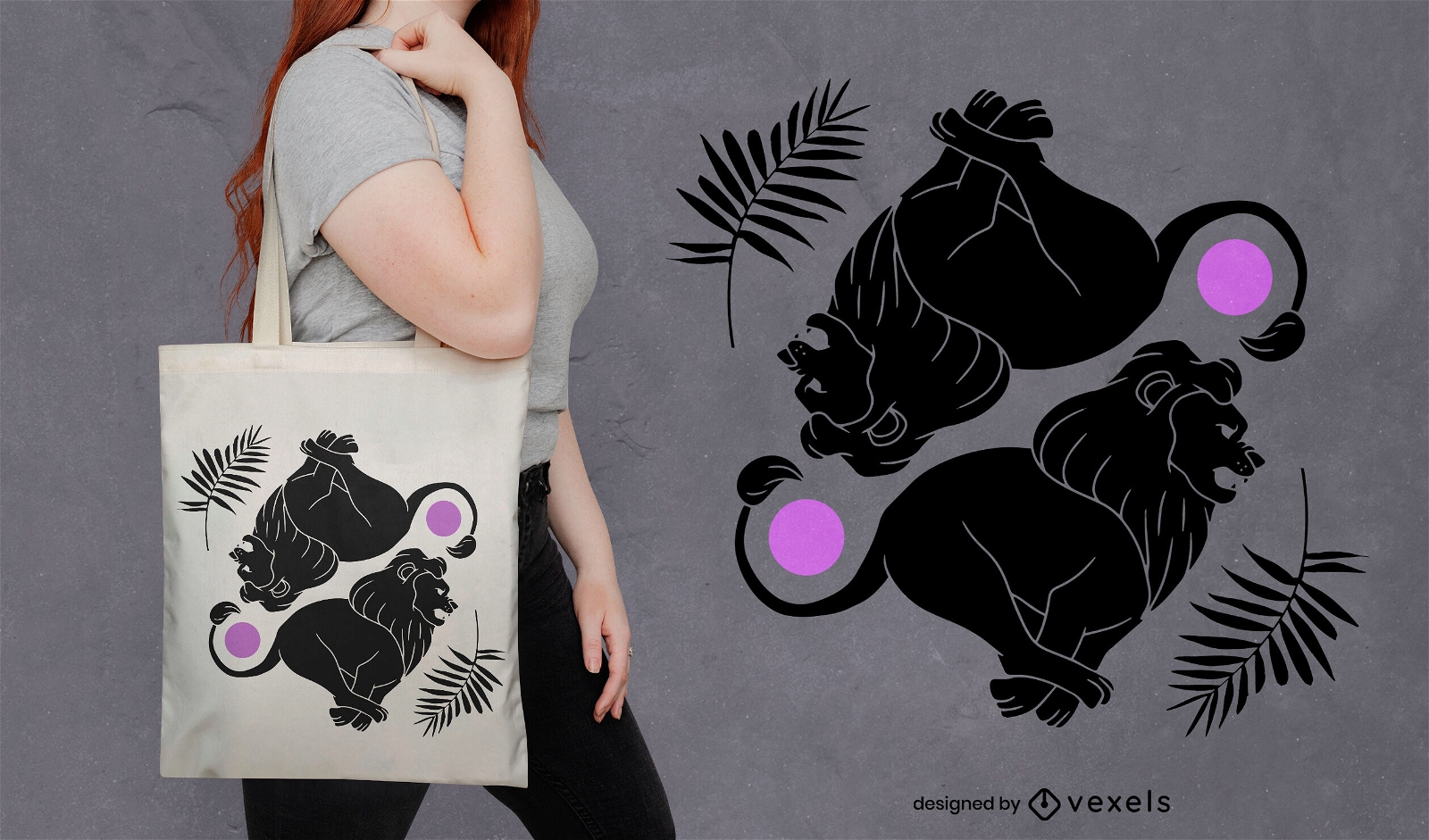 Design de bolsa animal leão yin yang