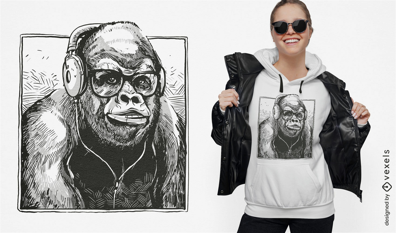 Dise?o de camiseta de animal gorila con auriculares.