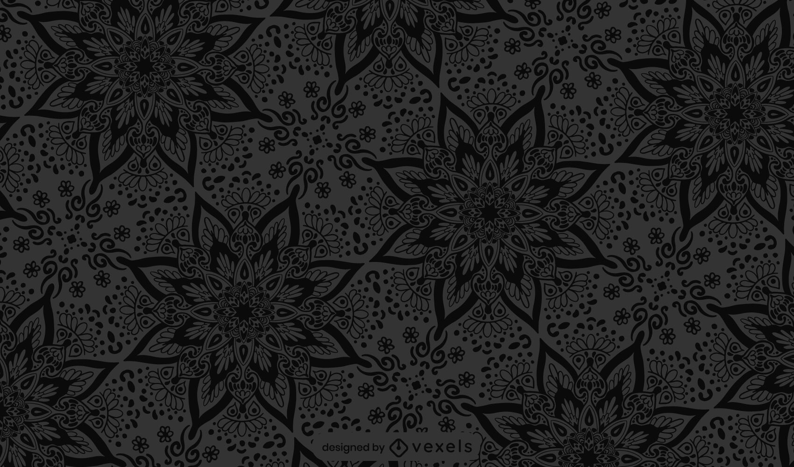 Design de padrão de mandala de flores preto e cinza