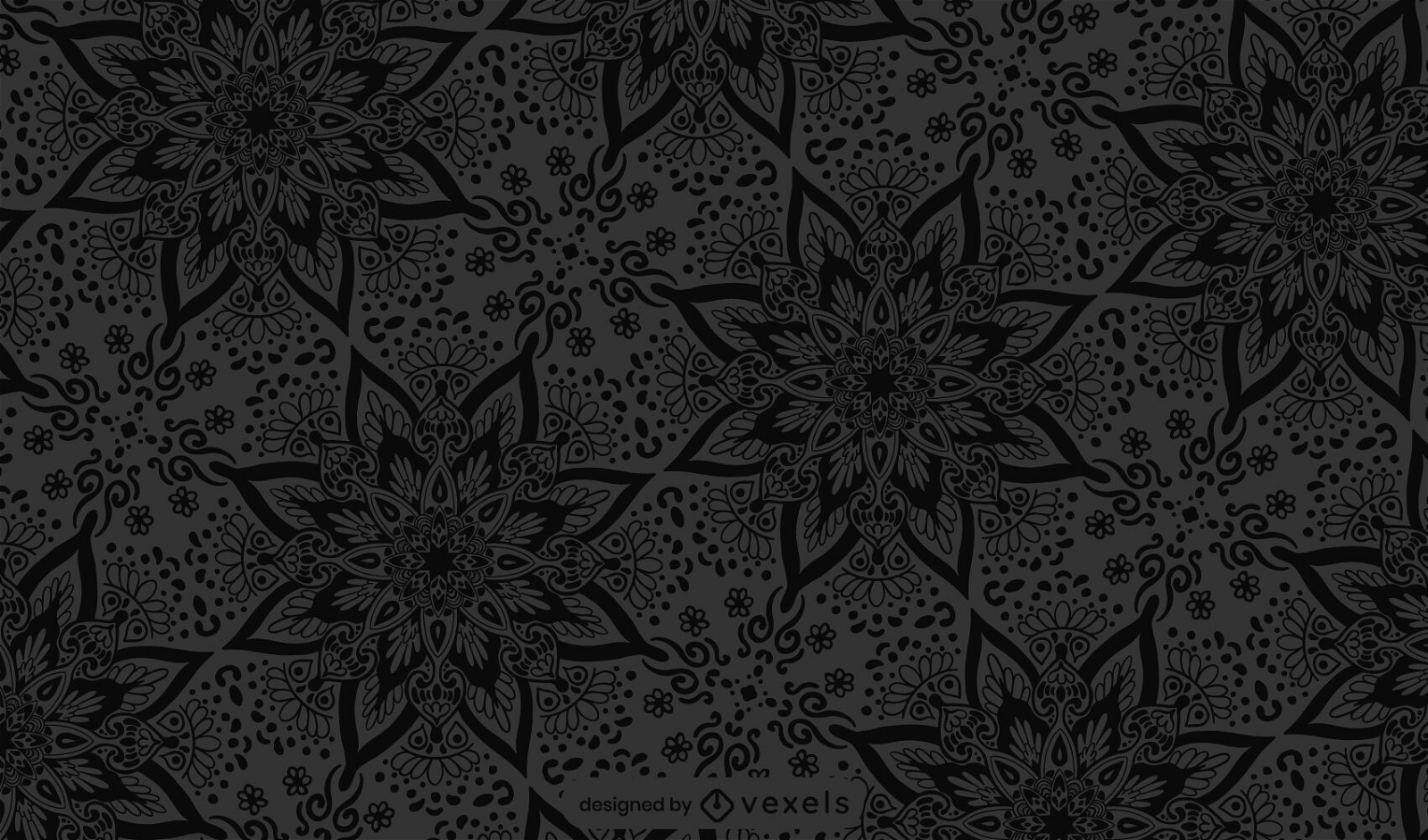 Diseño de patrón de mandala de flores negras y grises.