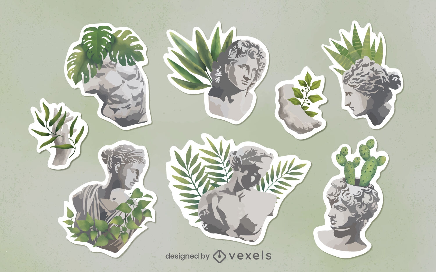 Statuen und Pflanzen-Naturaufkleber-Set