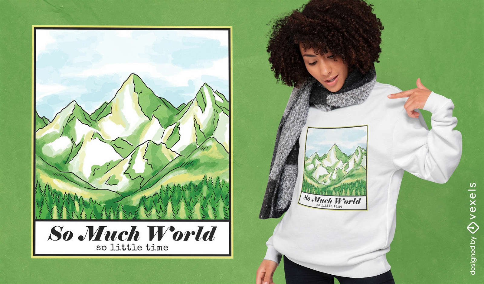 Diseño de camiseta de paisaje de montaña y pinos.