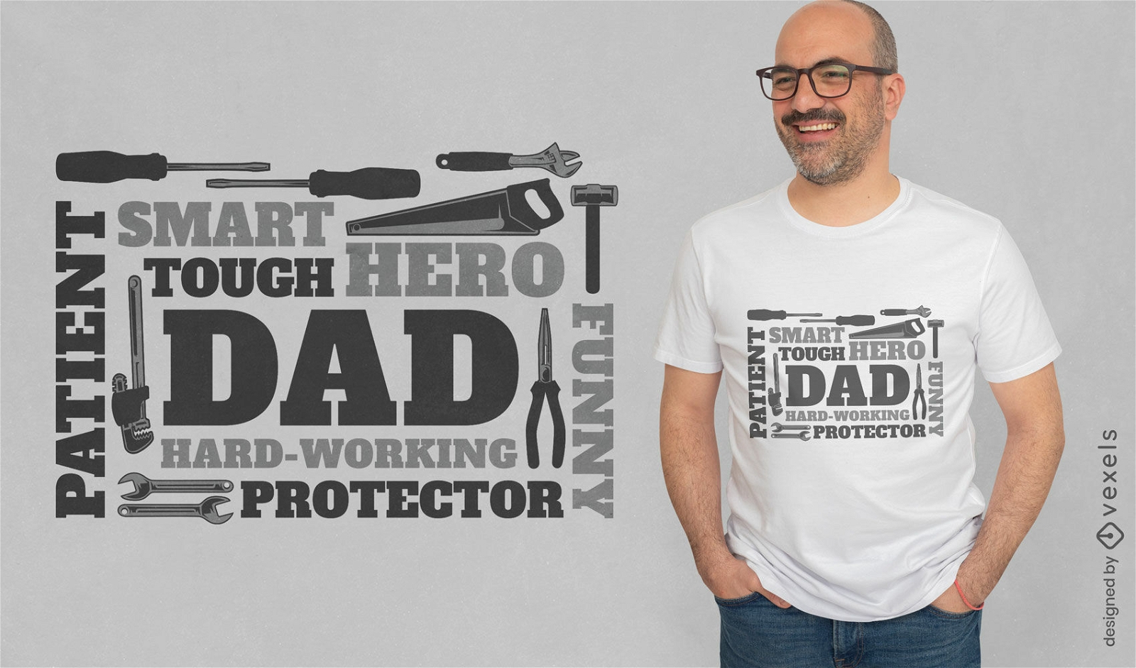 Ferramentas mecânicas e design de camisetas com adjetivos de pai