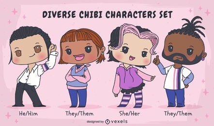 Grupo diverso de conjunto de personajes chibi.