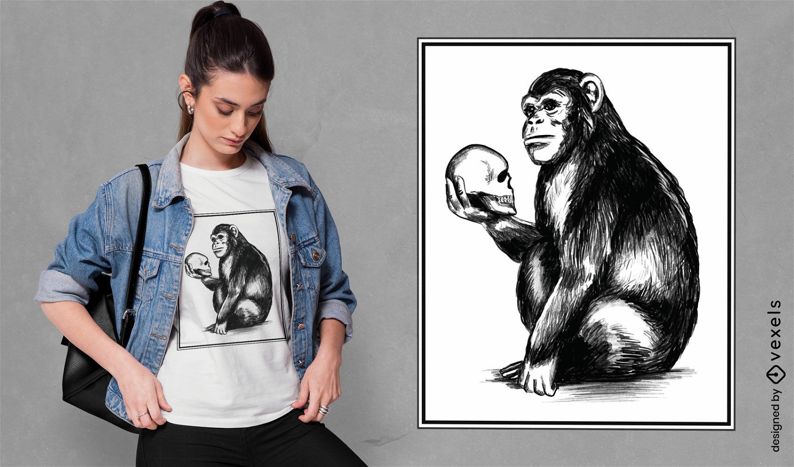 Animal de macaco e design de t-shirt de caveira
