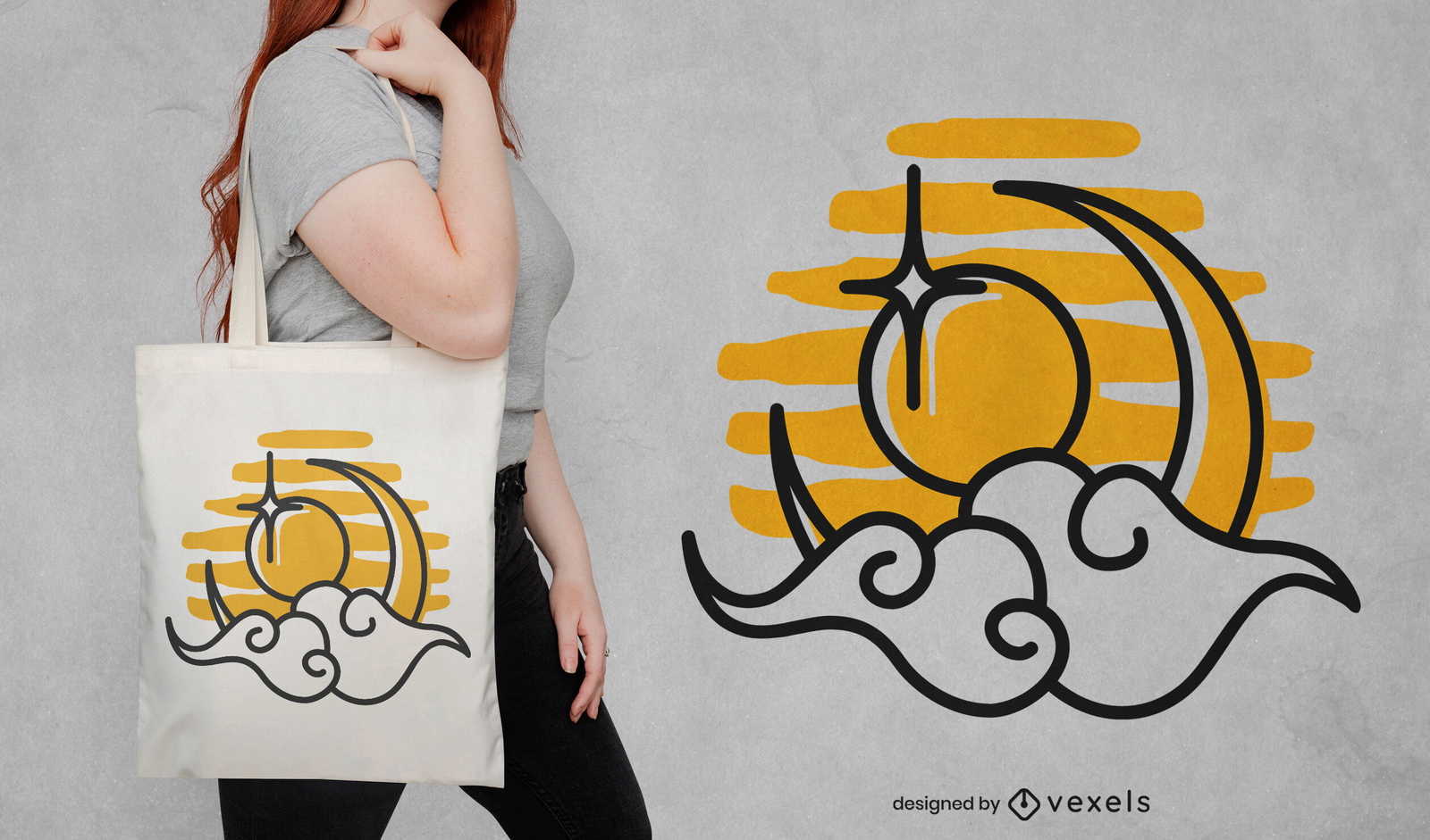 Diseño de bolso tote luna y sol.