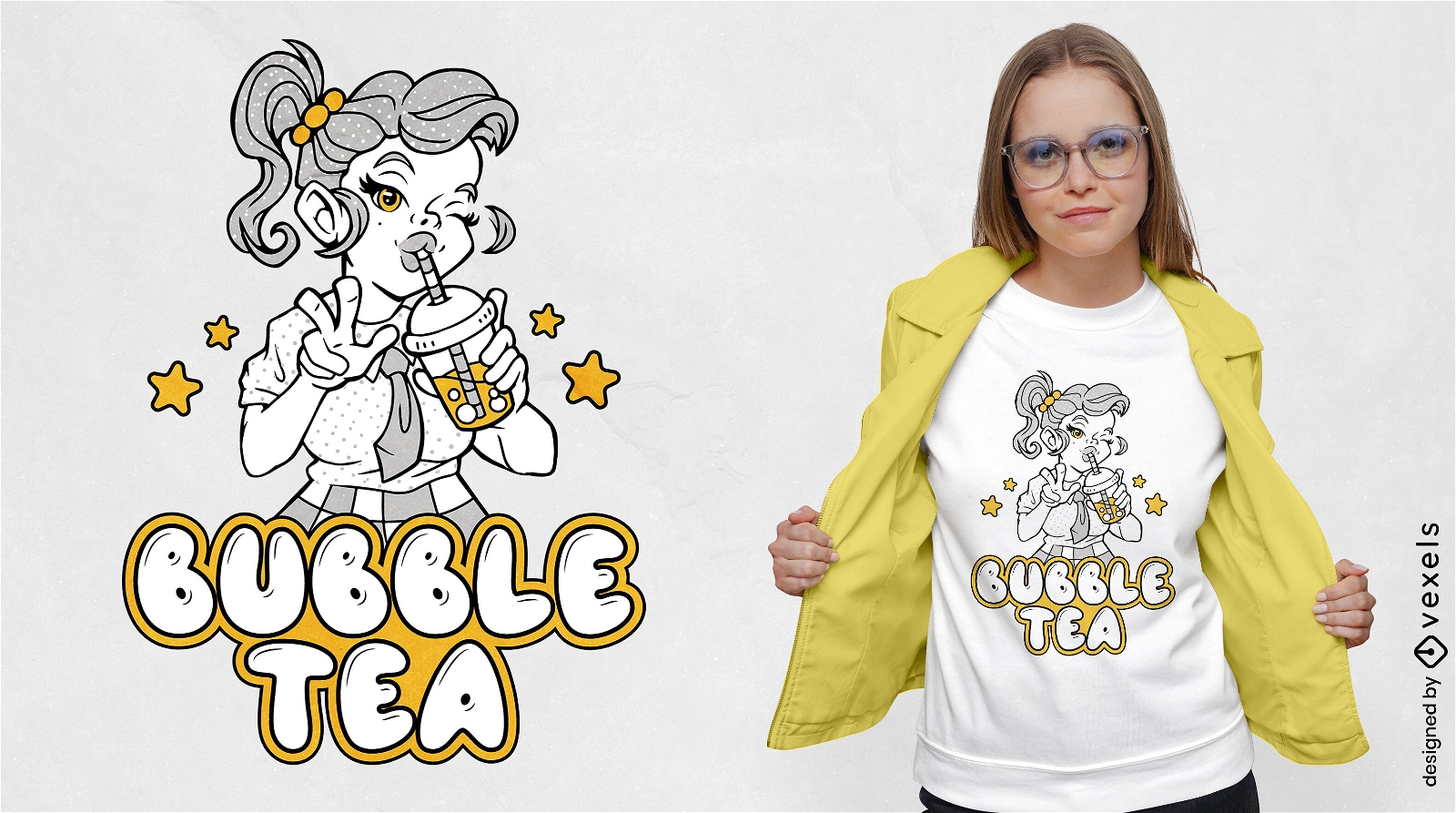 Design de t-shirt de menina de desenho animado de chá de bolha