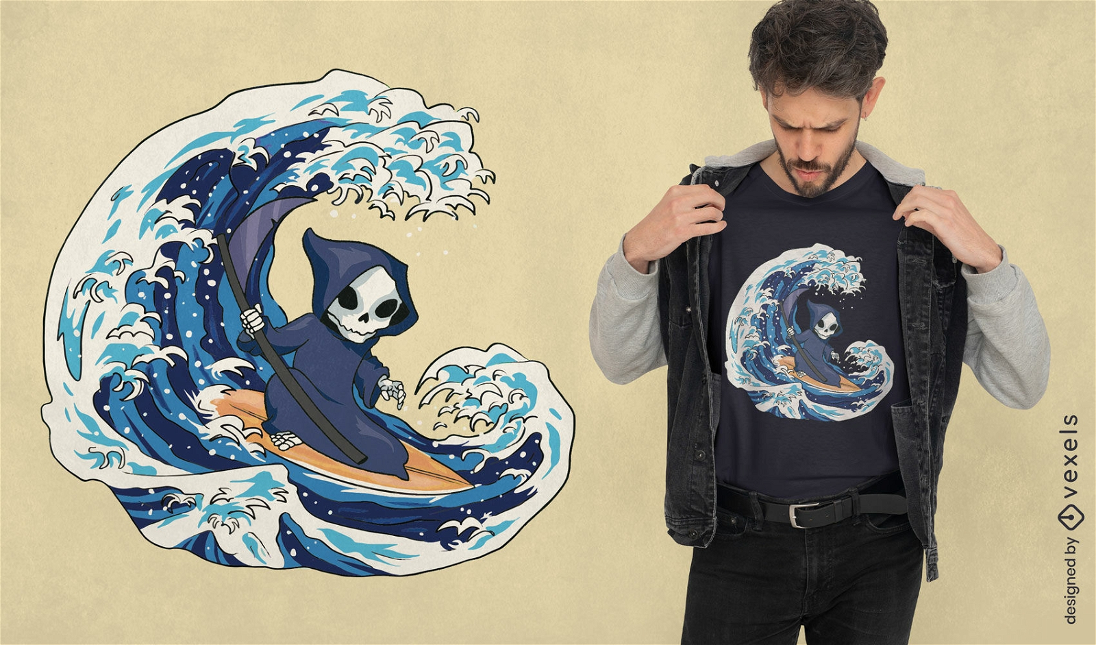 Grim reaper surfing t-shirt design