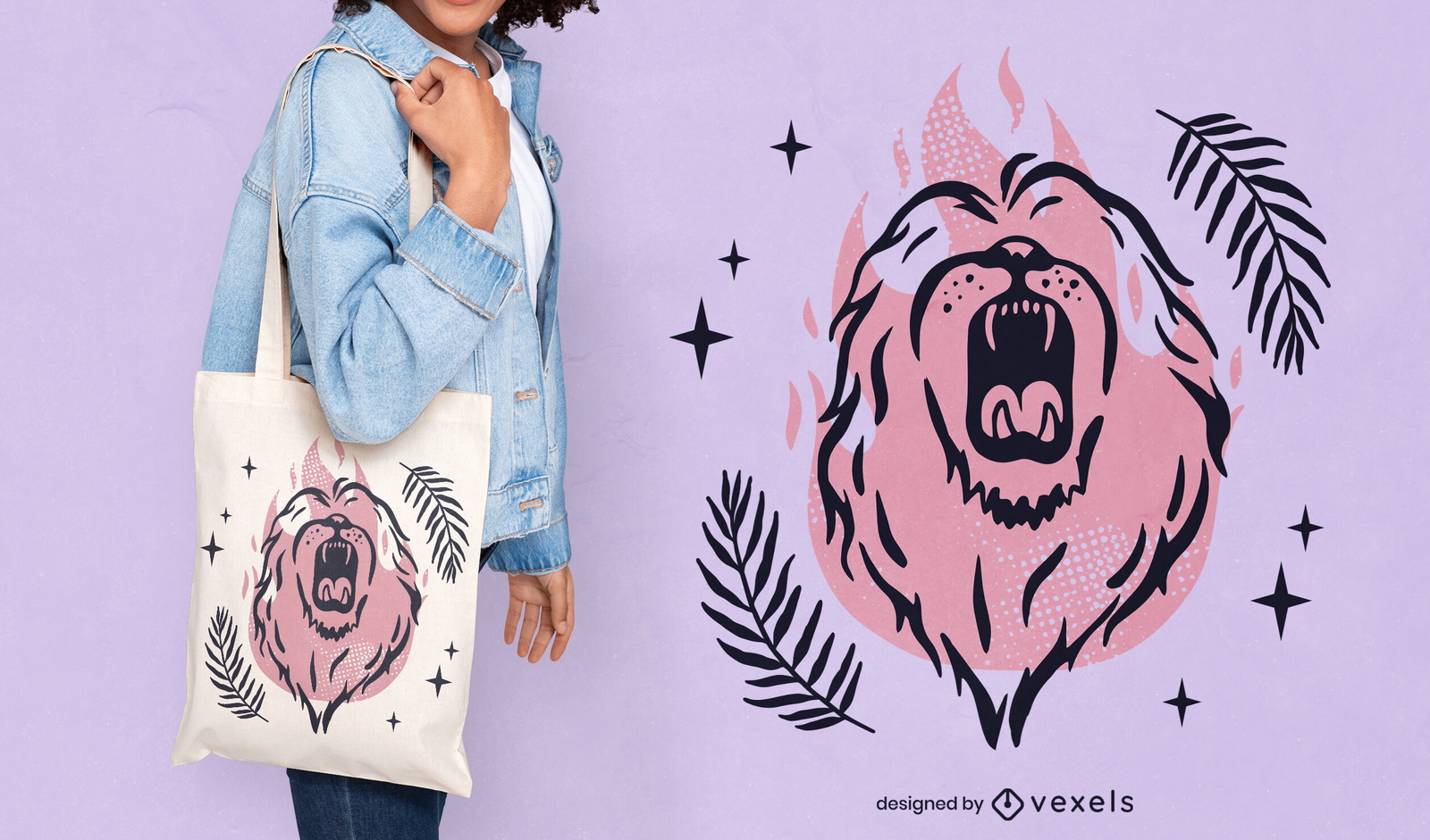 Diseño de bolso tote león rugido y hojas