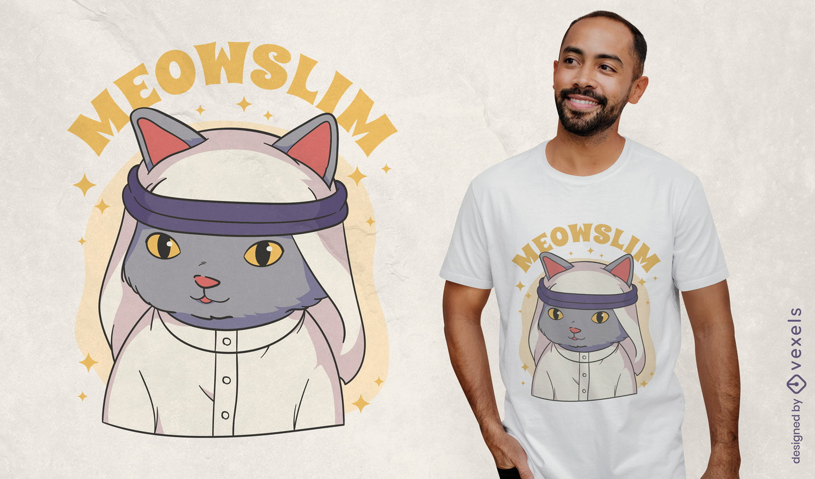 Diseño de camiseta de dibujos animados de gato musulmán