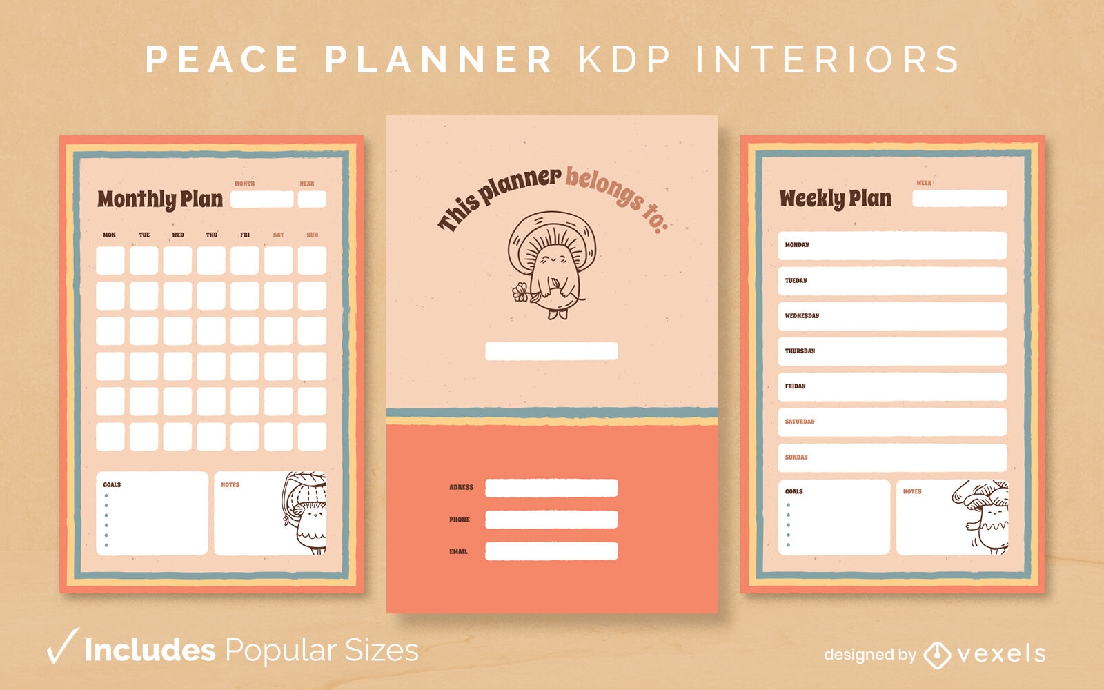 Peaceful mushroom Diary Design Template KDP