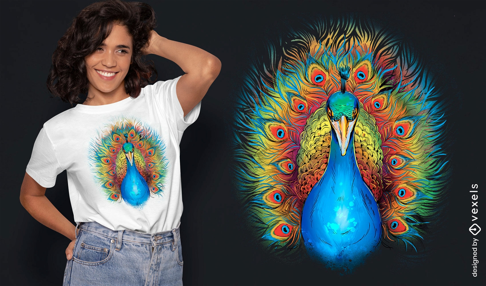 Design de camiseta de animal de pav?o arco-?ris