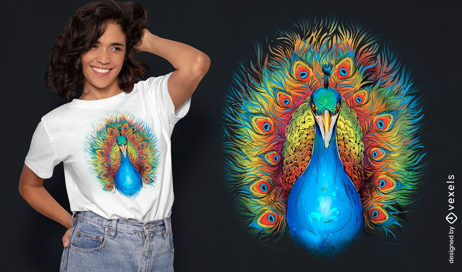 Design de camiseta de animal de pavão arco-íris