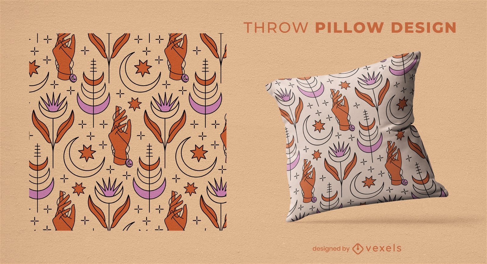 Moon and hand pattern throw pillow design