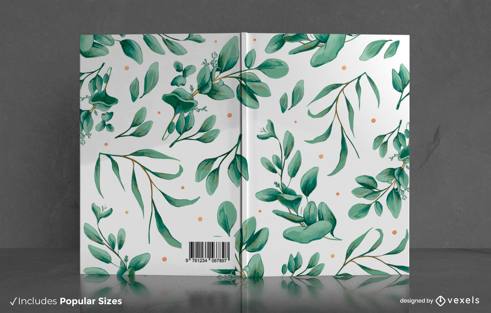 Design de capa de livro padrão de folhas em aquarela