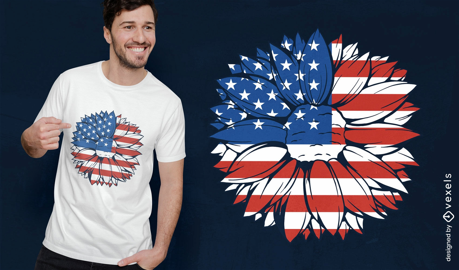 Design de camiseta de girassol de bandeira americana