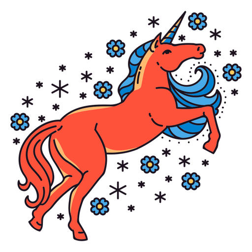 Unicornio con su deslumbrante cuerno brillando entre flores Diseño PNG