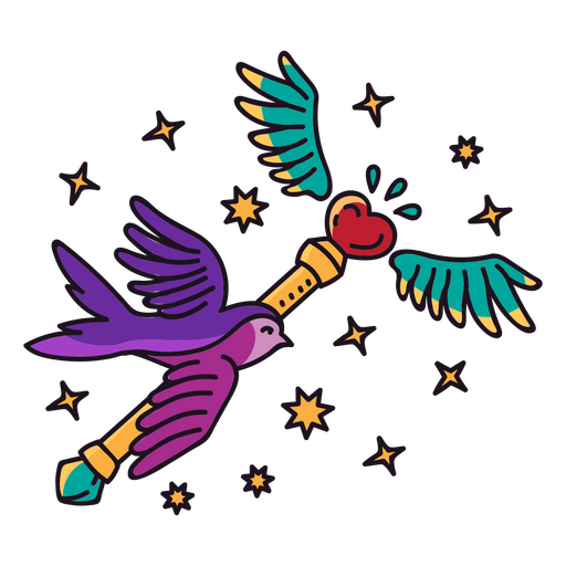 Pájaro colorido volando con una varita mágica brillante Diseño PNG