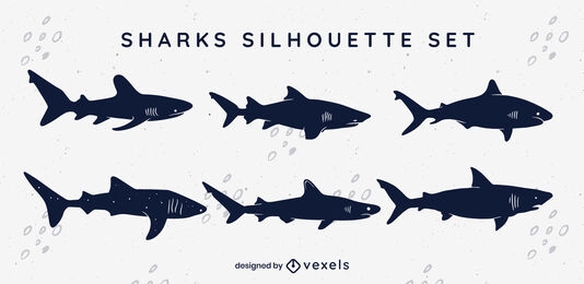 Conjunto de silhueta de natação de animais marinhos de tubarões