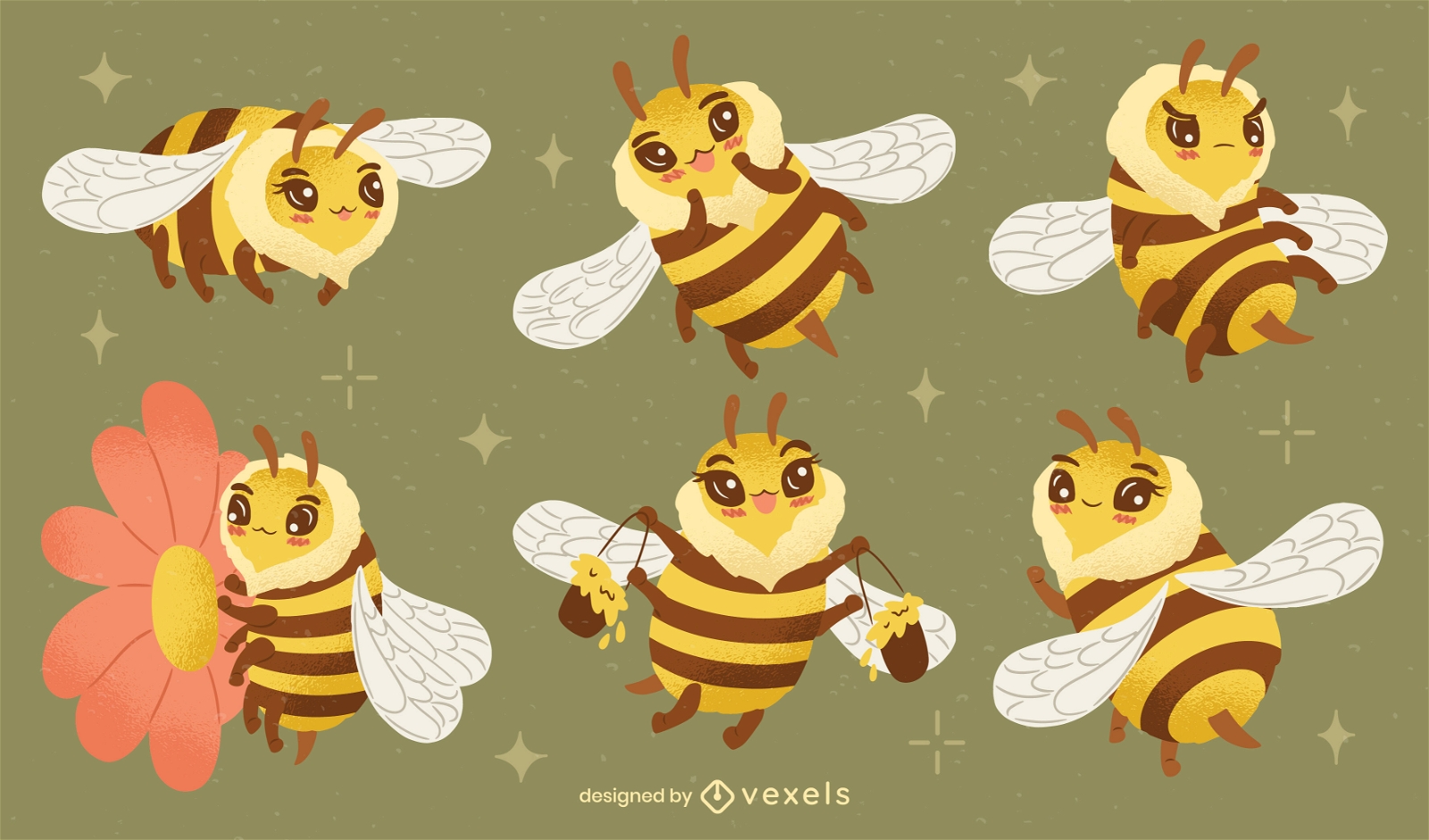 Conjunto de caracteres de abelha kawaii
