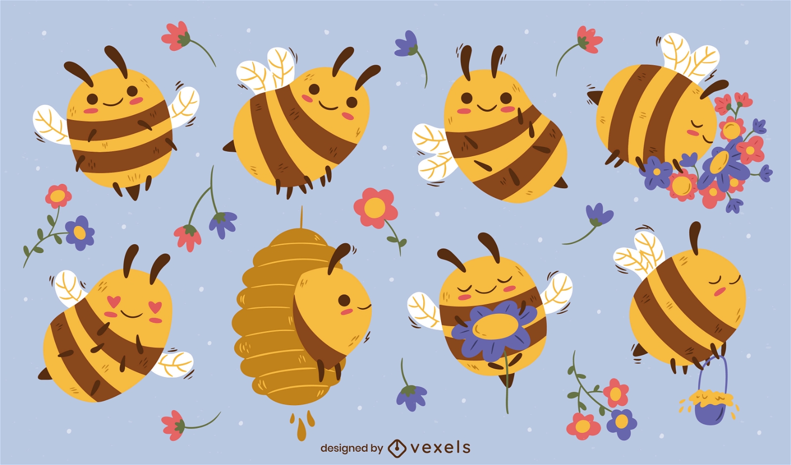 Lindo conjunto de caracteres de abeja de la naturaleza