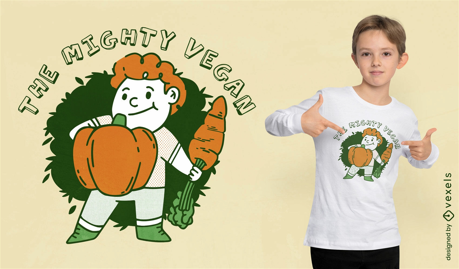 Das mächtige vegane Cartoon-Jungen-T-Shirt-Design
