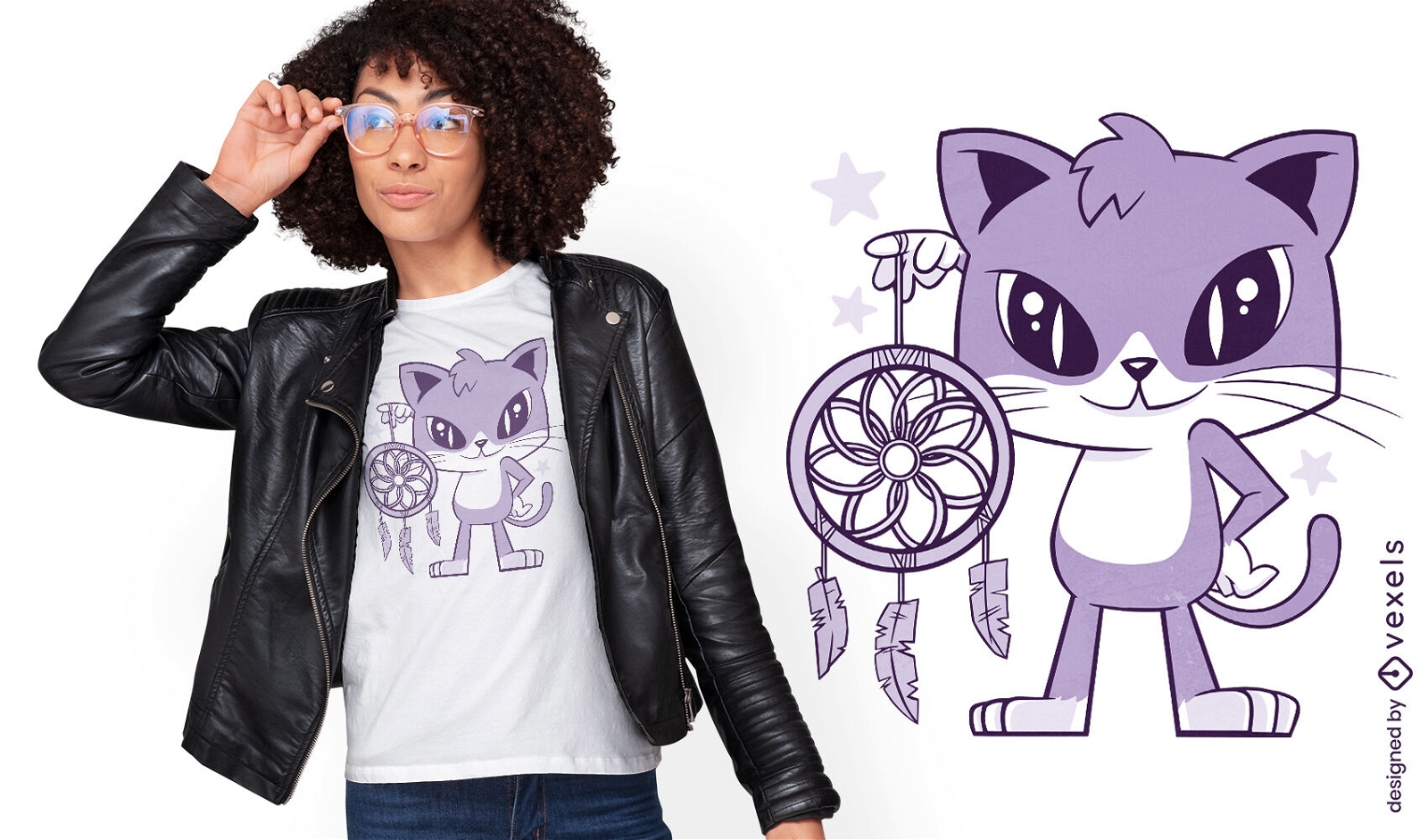 Design de t-shirt de desenho animado de apanhador de sonhos de gato bonito