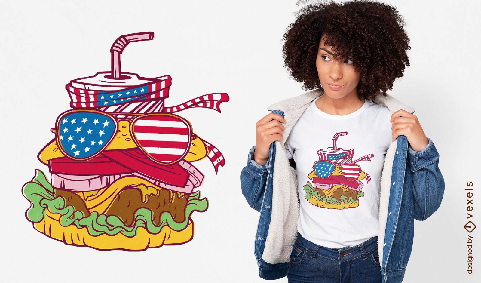 Diseño de camiseta de hamburguesa con gafas de sol americanas.