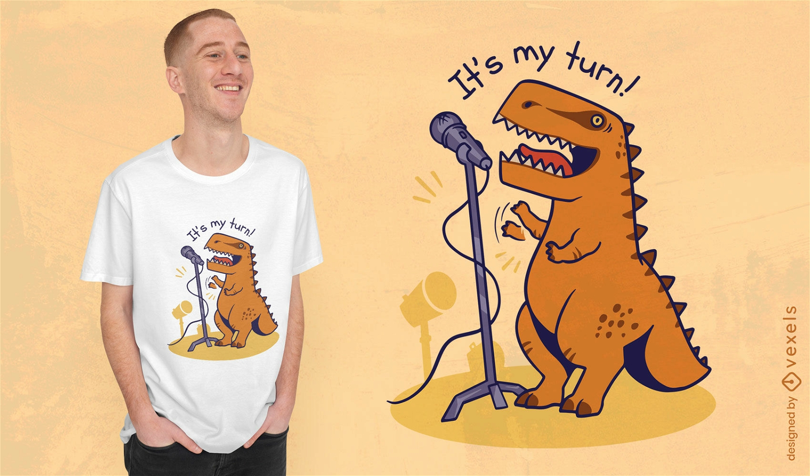 Diseño de camiseta de dibujos animados de dinosaurio de micrófono