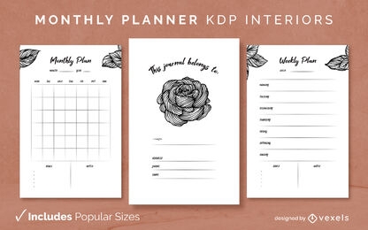 Planificador detallado de rosas Diseño de diario Modelo KDP