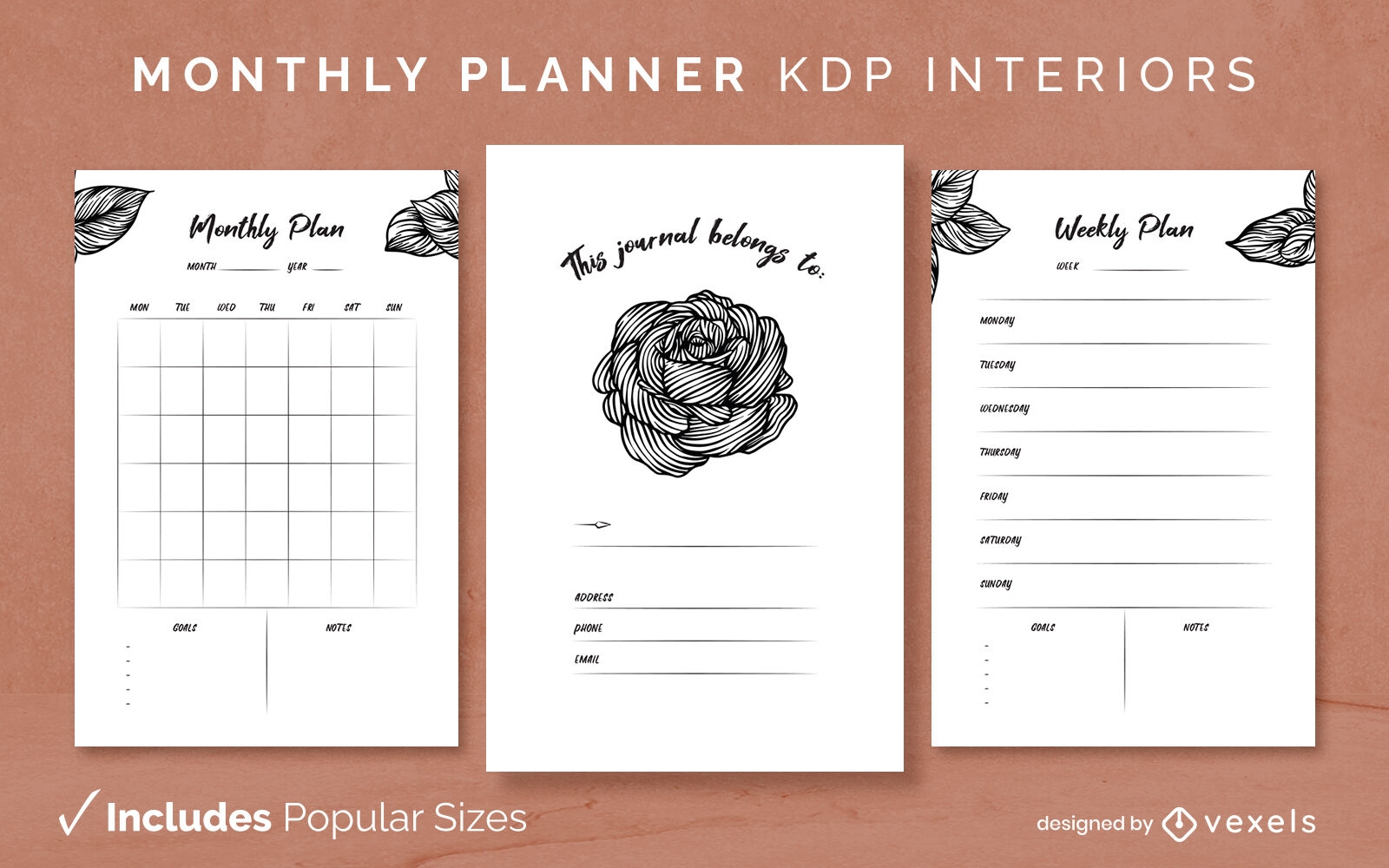 Modelo de design de diário de planejador de rosas detalhado KDP