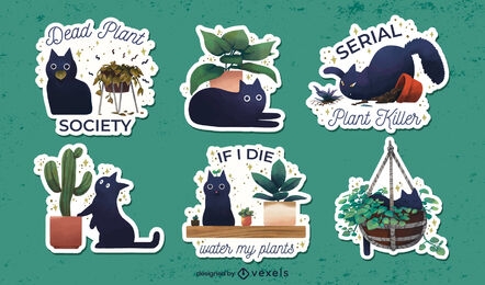Conjunto de adesivos de plantas e gatos
