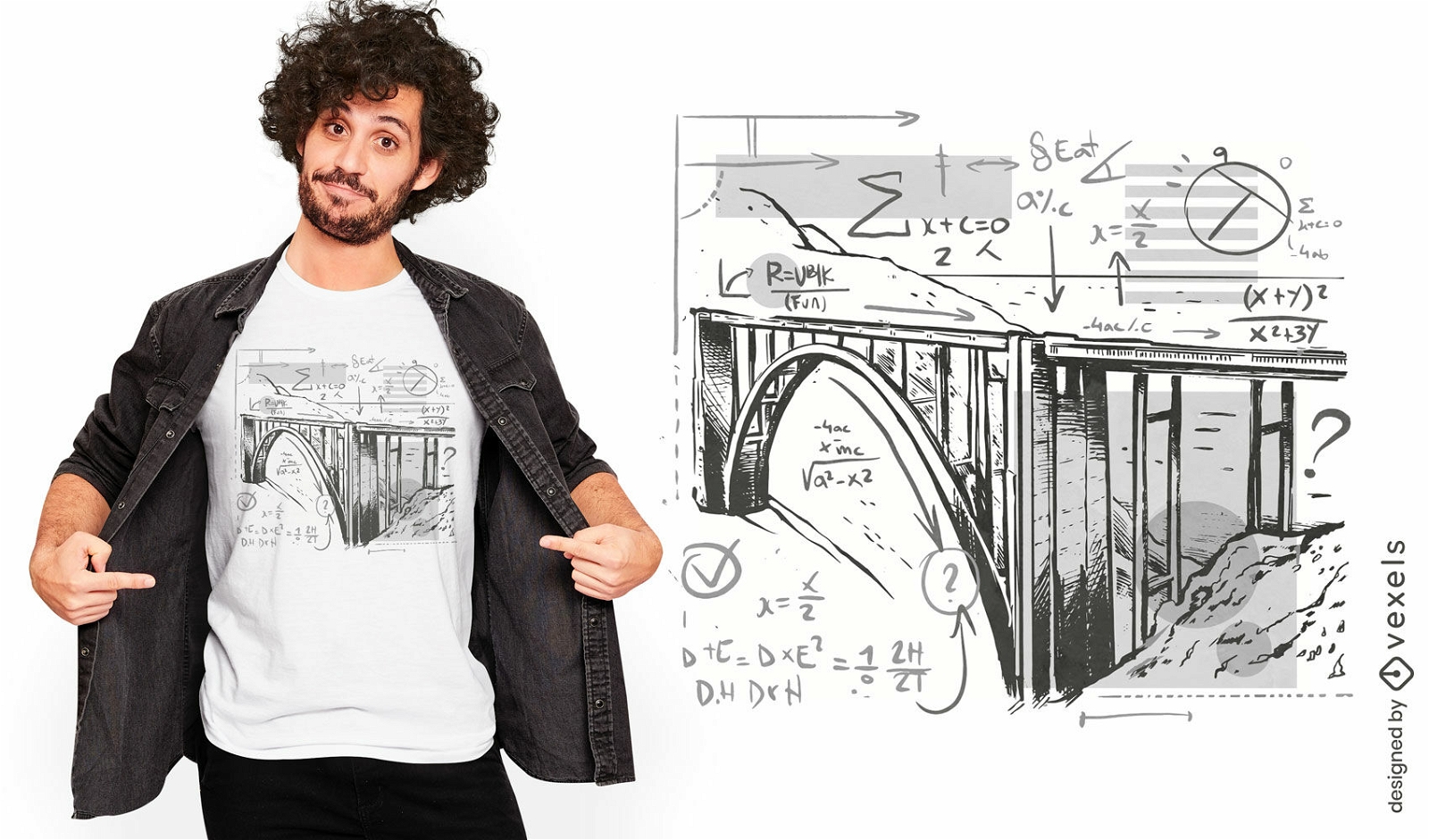 Diseño de camiseta de puente y ecuaciones matemáticas.