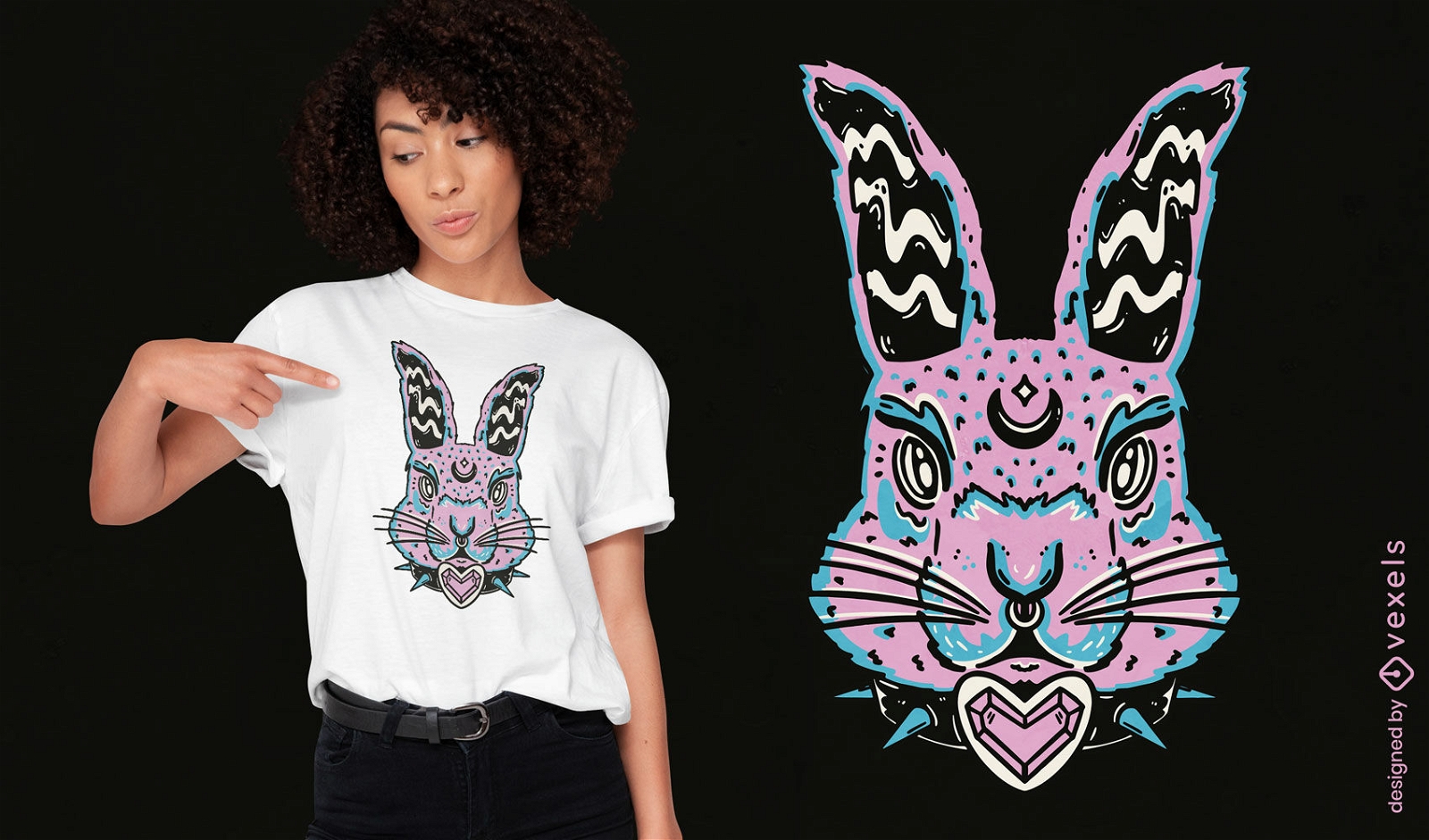 Design de camiseta de personagem de coelho místico