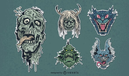 Halloween monsters characters stickers set