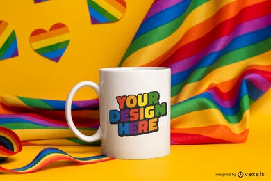 Maqueta de taza y bandera del orgullo del color del arco iris