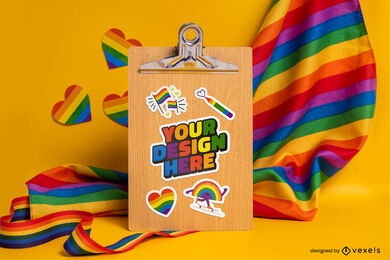 Rainbow pride flag and stickers mockup