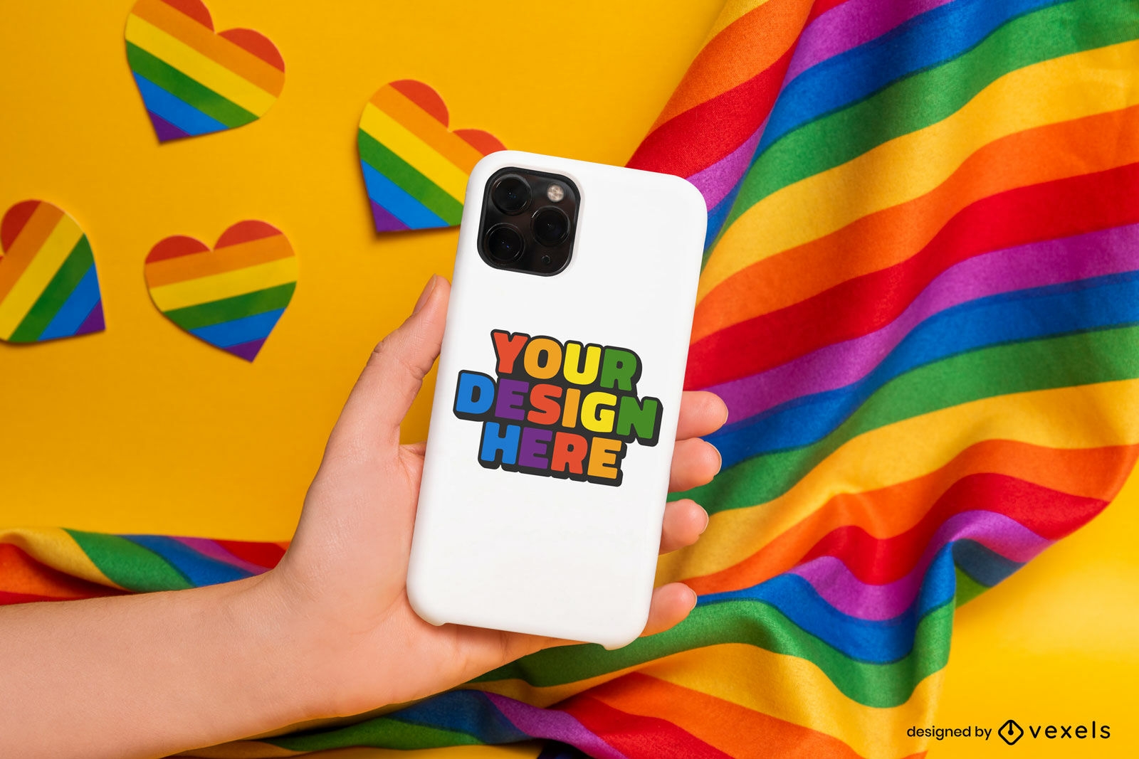Pride flag with phone case and sticker mockup