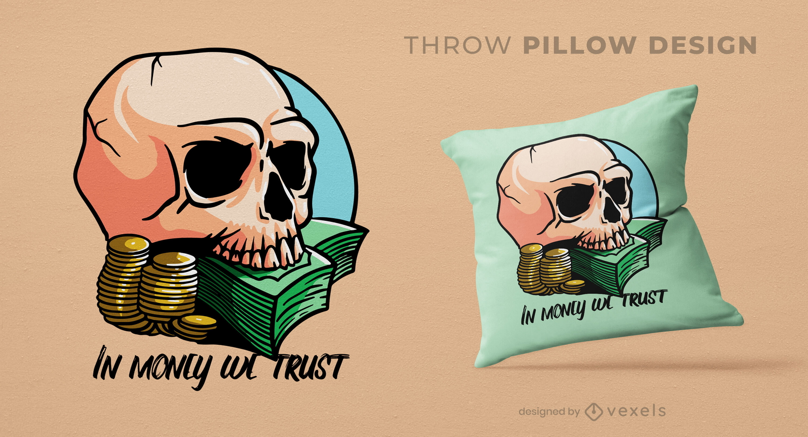 Diseño de almohada de tiro de calavera de dinero